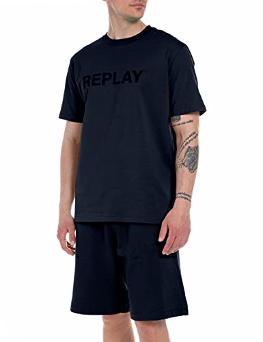 Replay Herren T-Shirt Kurzarm Second Life mit Logo Print, Blue 085 (Blau), L von Replay