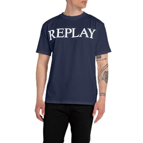 Replay Herren T-Shirt Kurzarm aus Baumwolle, Indigo Blue 271 (Blau), XL von Replay