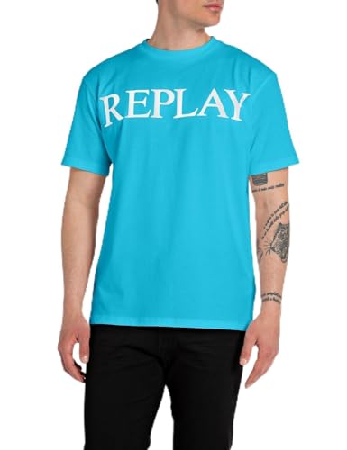 Replay Herren T-Shirt Kurzarm aus Baumwolle, Turquoise 957 (Türkis), L von Replay