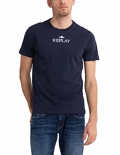 Replay Herren T-Shirt Kurzarm mit Logo Print, Blue 085 (Blau), L von Replay