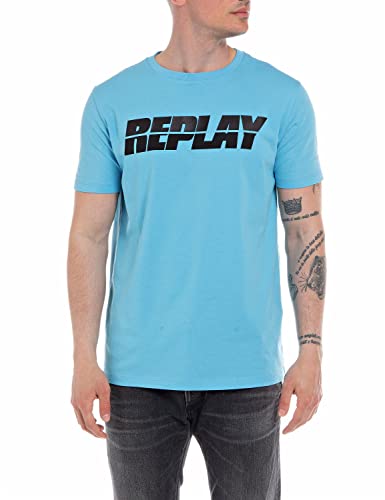 Replay Herren T-Shirt Kurzarm mit Logo Print, Powder Blue 786 (Blau), L von Replay