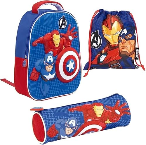 Avengers 3D Marvel Kinder-Rucksack (32 cm) + Avengers Marvel-Tasche + Avengers Marvel Snacktasche | Schulpaket für Kinder, bunt, Mochila:32x26x10cm Estuche:21x7x7cm Saco:26,5x21cm, Rucksack Backpacks von Requeteguay Urban RU