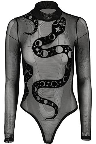 Restyle Schlange Mesh Bodysuit Gotisch Mesh Samt Beflockung Sexy Sheer, Schwarz, XS von Restyle