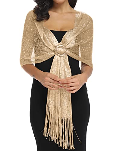 Rheane Funkelnde metallische Schals und Wraps mit Schnalle für Abendkleider Hochzeit Party, O Dunkles Champagner/Gold (mit goldfarbener Schnalle), Large von Rheane