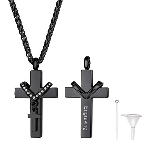 Richsteel Edelstahl Memorial Asche Andenken Schwarze Halskette mit doppelt Kreuz als Erinnerung Schmuck mit Geschenkebox für Jahrstag von Richsteel