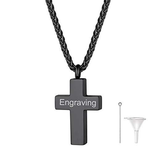 Richsteel Edelstahl Memorial Asche Andenken mit Gravur Schwarze Halskette mit Kreuz als Erinnerung Schmuck mit Geschenkebox von Richsteel