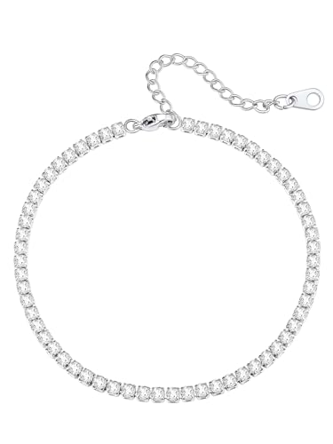 Richsteel Edelstahl Fußkettchen Damen 3mm Breite Runde Weiße Zirkonia Krallenkette 22cm+5cm Verlängerung Kette Silber von Richsteel