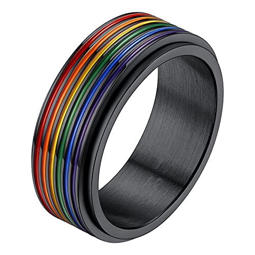 Richsteel Schwarz Regenbogen Fingerring in Ringgröße 57 LGBT Rainbowe Fingerering in Ringgröße 59.5 Spinnerring Bandring Paarring für Paar Pärchen von Richsteel