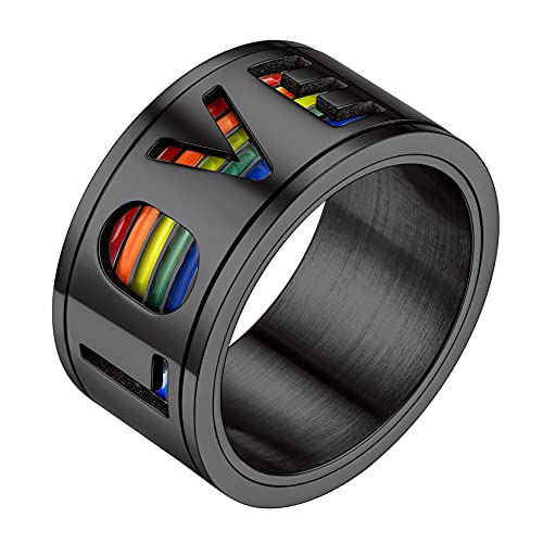 Richsteel shwarz LGBT Fingerring mit bunten Herzen Edelstahl Regenbogen Spinnerring GAY Pride Fingerring mit Geschenkebox für Paar Pärchen von Richsteel