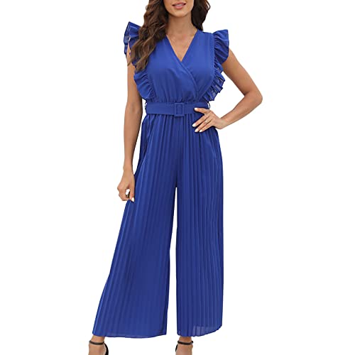 Einfarbig Jumpsuit Damen Elegant Sommer V-Ausschnitt Ärmellos Rüschen Falten Overalls Weites Bein Romper mit Gürtel, blau, 46 von Rifuli