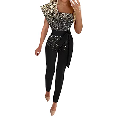 Einfarbiger Jumpsuit für Damen, elegant, Sommer, One-Shoulder-Overall, konischer Strampler mit Gürtel, gold, 36 Einfarbiger Jumpsuit für Damen, elegant, Sommer, One-Shoulder-Overall, konischer Strampler mit Gürtel, gold, 36 von Rifuli