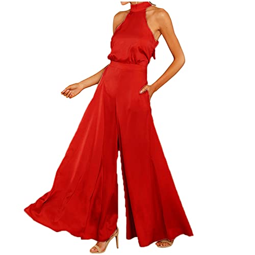 Einfarbiger Satin-Jumpsuit für Damen, elegant, Sommer, Neckholder, schulterfrei, Overall, weites Bein, Strampler, rot, 48 von Rifuli