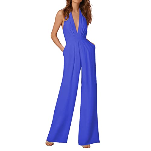 Rifuli Einfarbiger Jumpsuit Damen Elegant Sommer V-Ausschnitt Neckholder Rückenfrei Jumpsuit Weites Bein Strampler #17, blau, 42 von Rifuli