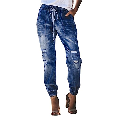 Rifuli Teen Girls Damen Elastischer Bund Gerades Bein Jeans Gerade Jeans Zerrissene Jeans mit Löchern und Kordelzug, a, L von Rifuli