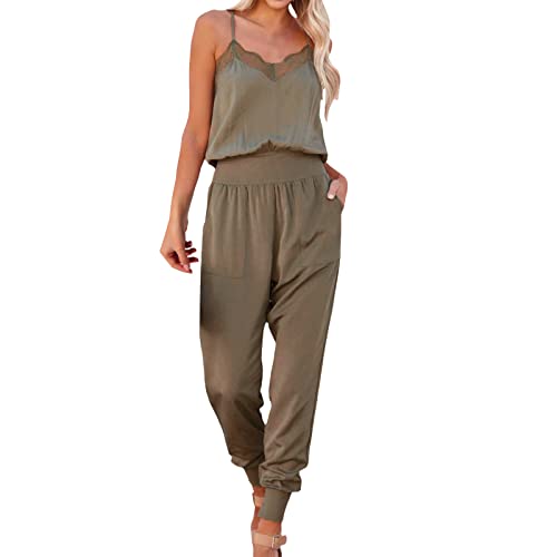 Rifuli Spitzen-Patchwork-Jumpsuit für Damen, elegant, Sommer, Spaghettiträger, schulterfrei, Overall, grün, 46 von Rifuli