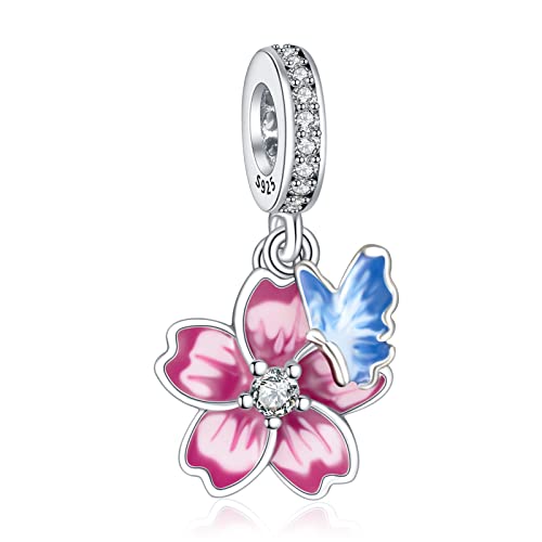 Rimgoris 925 Sterling Silber Charm für Damen Armbänder Halskette Insekt pinke Blume Natur Charm Armband für Damen von Rimgoris