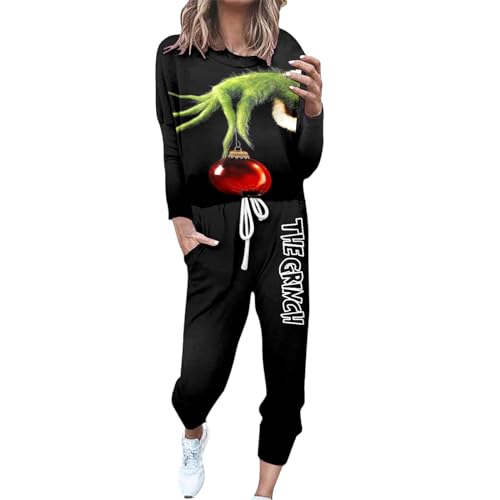 Jogginganzug Damen Grinch Trainingsanzüge Zweiteilige Hausanzug Lounge-Sets Freizeitanzug für Damen Sportanzug Sweatshirt Hosen Jogginganzüge für Frauen 2-teiliges Set Trainingshose mit Taschen von Risaho