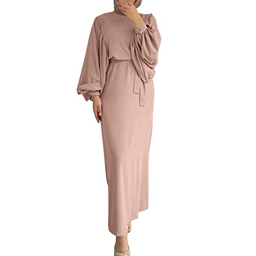 Kleider Damen Sommer Muslimische Kleider Damen Langarm Satin Maxikleid Abaya Burka Ganzkörper Kaftan Ramadan Lang Gebetskleid (O9-Pink, S) von Risaho