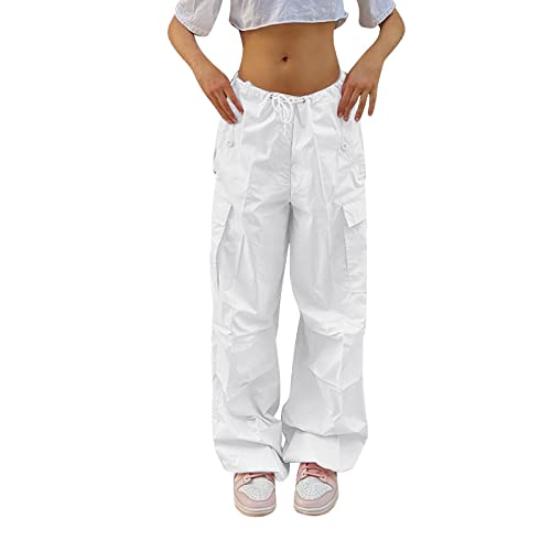 Risaho Fallschirmhosen Teenager Baggy Cargohose Damen Y2K Weites Bein Track Pants Vintage Baggy Hosen für Frauen Streetwear Elastische Taille Parachute Pants von Risaho