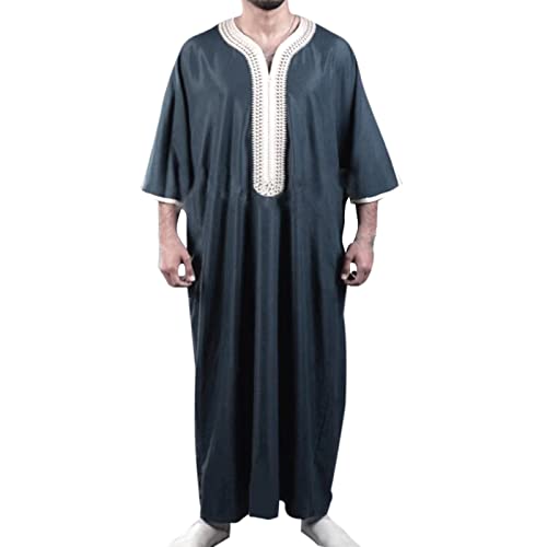 Risaho Herren Kaftan Sommer Islam Muslim Druck Robe Baumwolle Leinen Bunt Arabische Islamische Kleidung Indisch Muslimische Afrika Dubai Kaftan für Männer (W7-Navy, M) von Risaho