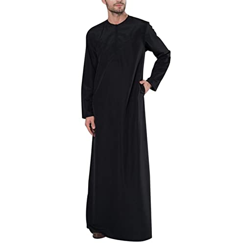 Risaho Kaftan Herren Abaya Muslimische Arabische Islamische Kleidung Lange Ärmel V-Ausschnitt Streifen Print Lose Lang Thobe (W1-Black, S) von Risaho