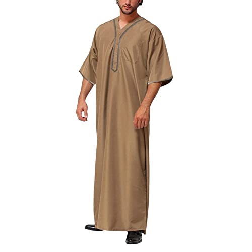 Risaho Kaftan Herren Nachthemd Kurzarm Kaftan Herren Baumwolle Leinen Robes V-Ausschnitt Nachtwäsche Mit Taschen Herrenhemd (32-Khaki, XXXXXL) von Risaho