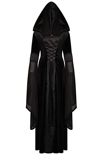 Ro Rox Lucinda Kleid Mittelalterliche Kapuze Renaissance Langarm Sexy Maxi Gotisch Tunika, Schwarz, XL von Ro Rox