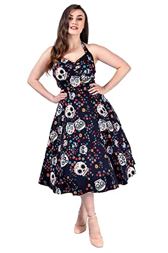 Ro Rox Maxilla Halfter Kleid Rockabilly Totenkopf Blume Swing Pin-up Vintage 1950er Jahre, Schwarz, L von Ro Rox