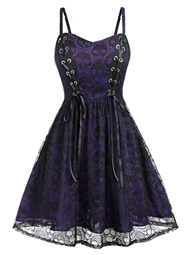 Ro Rox Totenkopfkleid Lilian Gothic Korsett Babypuppe Spitze Riemchen Sexy, Violett, XL von Ro Rox