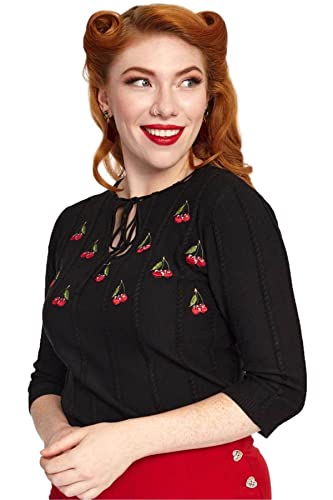 Voodoo Vixen 1950er Cherry Sunflower Bestickter Pullover mit Kragen, Schwarz, S von Ro Rox