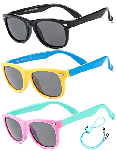Kinder Sonnenbrille Flexibel Polarisierte Shades für Baby Jungen und Mädchen UV400-Schutz Brillen Alter 2-8（ Schwarz + Gelb/Blau + Rosa/Cyan ） von Rocf Rossini