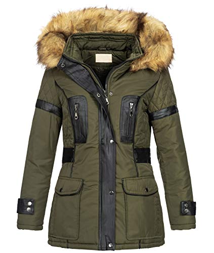 Rock Creek Damen Winter Jacke Mantel Biker-Style Damenmantel Winterjacke Parka Kunstleder Winterjacken mit Kapuze Kunstfellkragen D-431 Dunkelgrün S von Rock Creek