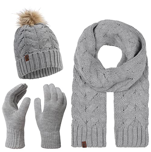 Rock Creek Winter Mütze mit Bommel Schal Set Geschenkset Wintermütze Winterschal Winterhandschuhe Herrenmütze Damenmütze U-101 Grau Einheitsgröße von Rock Creek