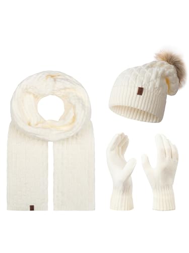 Rock Creek Winter Mütze mit Bommel Schal Set Geschenkset Wintermütze Winterschal Winterhandschuhe Herrenmütze Damenmütze U-102 Weiß Einheitsgröße von Rock Creek