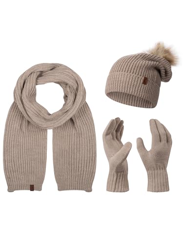 Rock Creek Winter Mütze mit Bommel Schal Set Geschenkset Wintermütze Winterschal Winterhandschuhe Herrenmütze Damenmütze U-103 Beige Einheitsgröße von Rock Creek