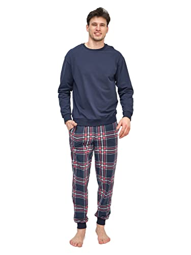 Rocks Me Baby Herren Schlafanzug Lang mit Bündchen Zweiteiliger einfarbiger Oberteil und Karierte Hose - Baumwolle Pyjama (DE/NL/SE/PL, Alphanumerisch, XXL, Regular, Regular, Dunkel Blau) von Rocks Me Baby