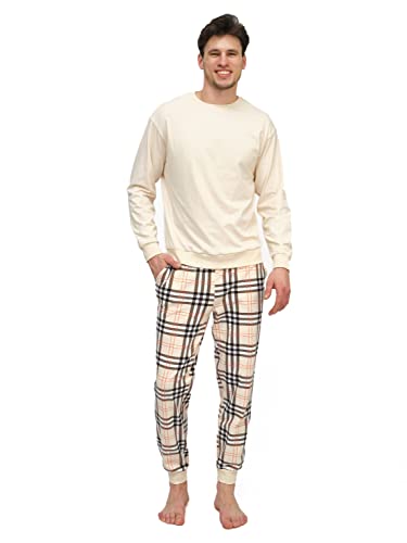 Rocks Me Baby RM-B Herren Schlafanzug Lang mit Bündchen Zweiteiliger einfarbiger Oberteil mit Rundhals und Karierte Hose mit Taschen - Baumwolle Pyjama Regular Fit, Größe XL, Hell von Rocks Me Baby