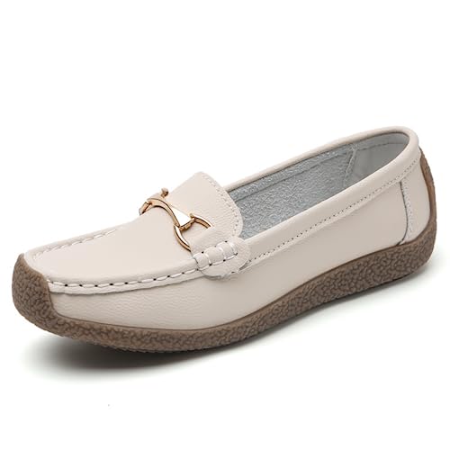 Rodawu Mokassins Damen Schuhe Klassisch Loafers Gemütlich Slip on Freizeitschuhe Flache Fahren Schuhe Slippers Beige EU41 von Rodawu