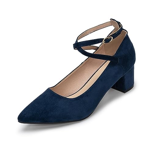 Rodawu Damen-Pumps mit Blockabsatz, spitzer Zehenbereich, niedriger Absatz, Knöchelriemen, navy, 38.5 EU von Rodawu