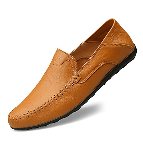 Rodawu Herren Loafer Leder Flach Mokassin Handgemachte Slip On Fahrschuhe Business Schuhe Klassisch Gelbbraun 42 von Rodawu