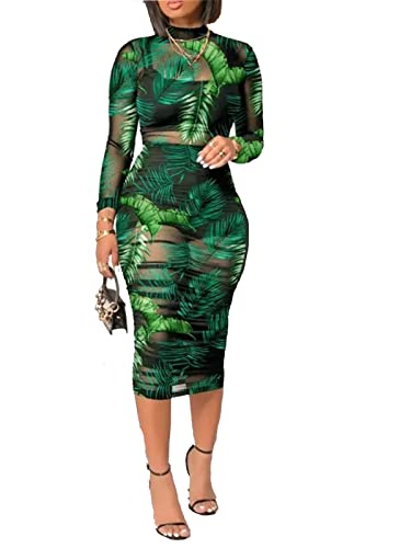 Sexy 3-teiliges Outfit-Set für Damen, durchsichtig, bedruckt, langärmelig, Midi-Kleid, durchscheinendes Netzgewebe, bauchfreies Tank-Tops, figurbetonter Rock, Green, Mittel von Rodawu