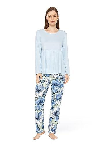 Rösch Pyjama mit Stufenlook Hellblau Baumwolle 1233621 50 Romantic Flower von Rösch