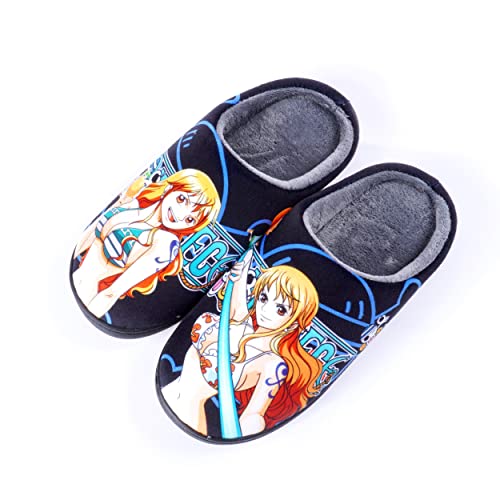 Roffatide Anime One Piece Fuzzy Hausschuhe Nami Geschlossene Zehe offen zurück Hausschuhe mit Gummisohle Hausschuhe rutschfest Indoor Plüsch Schuhe für Frauen Männer Euro 40-41 von Roffatide