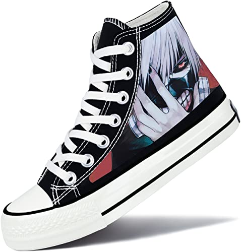 Roffatide Anime Tokyo Ghoul High Top Canvas Sneakers Bedruckte Flache Schuhe Slip-Ons Schnür-Skateboardschuhe Schwarz A Unisex 42 von Roffatide