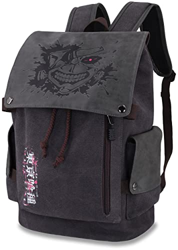 Roffatide Anime Tokyo Ghoul Ken Kaneki Canvas Laptop Rucksack Damen Herren Canvas Rucksack Klappe Bedruckt Schultasche College Bookbag Grau von Roffatide