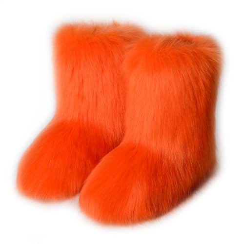 Damen Süß Fluffy Stiefel Warm Gefüttert Freezies Winter Schneestiefel Faux Fox Fell Schuhe Fellry Feet Paws Rave Custome Festival Schuhe Fuzzy Leg Warm Gefütterter Moon Stiefel Orange Size 38 von Roimaash