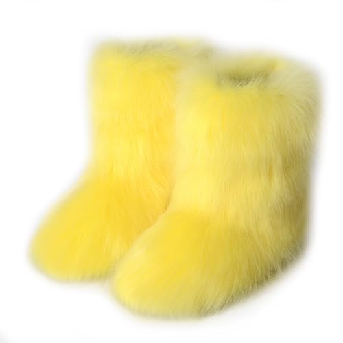 Damen Süß Fluffy Stiefel Warm Gefüttert Freezies Winter Schneestiefel Faux Fox Fell Schuhe Fellry Feet Paws Rave Custome Festival Schuhe Fuzzy Leg Warm Gefütterter Moon Stiefel Yellow Size 40 von Roimaash