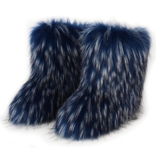 Damen Süß Fluffy Stiefel Warm Gefüttert Freezies Winter Schneestiefel Faux Raccoon Fell Schuhe Fellry Feet Paws Rave Custome Festival Schuhe Fuzzy Leg Warm Gefütterter Moon Stiefel Blue Size 44 von Roimaash