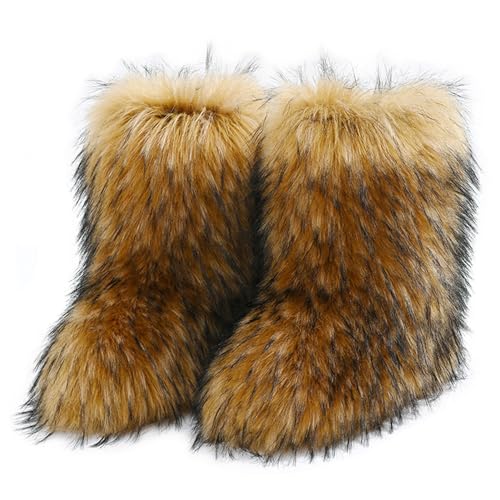 Damen Süß Fluffy Stiefel Warm Gefüttert Freezies Winter Schneestiefel Faux Raccoon Fell Schuhe Fellry Feet Paws Rave Custome Festival Schuhe Fuzzy Leg Warm Gefütterter Moon Stiefel Brown Size 37 von Roimaash