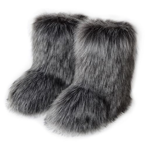 Damen Süß Fluffy Stiefel Warm Gefüttert Freezies Winter Schneestiefel Faux Raccoon Fell Schuhe Fellry Feet Paws Rave Custome Festival Schuhe Fuzzy Leg Warm Gefütterter Moon Stiefel Dark-Grey Size 37 von Roimaash